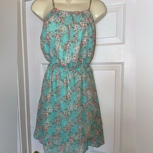 Flowery mini dress with ruffle on side skirt mint green and pink floral size M